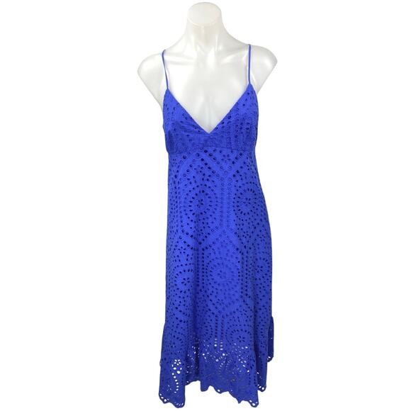 H&M Blue Eyelet Embroidered Sleeveless Cami Camisole V-Neck Midi Tank Dress M - Picture 1 of 5
